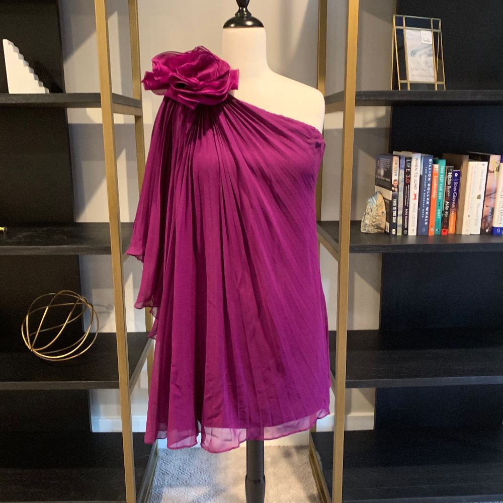 Marchesa Notte one shoulder purple flower dress